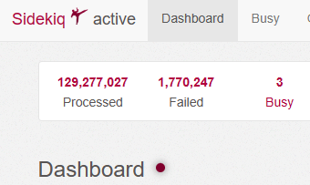 Sidekiq X active Dashboard  Busy 129,277,027 Processed 
1,770,247 Failed 
3 Busy

Dashboard ® 