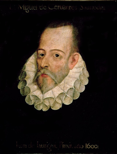 Portrait of Miguel de Cervantes Saavedra commonly said to be that which, according to the prologue to Cervantes' "Exemplary Novels", was painted by Juan de Jáuregui. Modern scholarship does not accept this, or any other graphic representation of Cervantes, to be authentic, nor is there any documentation for Jáuregui having painted this portrait.

A historical image featuring Miguel de Cervantes Saavedra with a white ruffled collar.  The background is dark with a portion of the image on the upper part over the figure's face obscured by a solid color blocking.