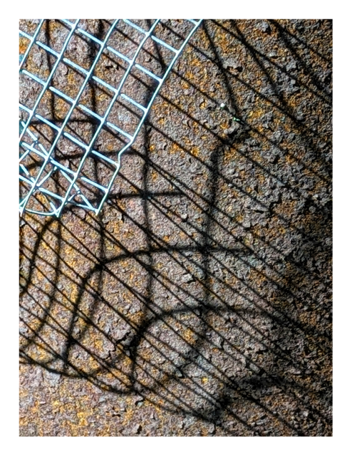 metal mesh in the upper left corner casts a shadow onto the rusty surface of an old 55-gallon drum.
