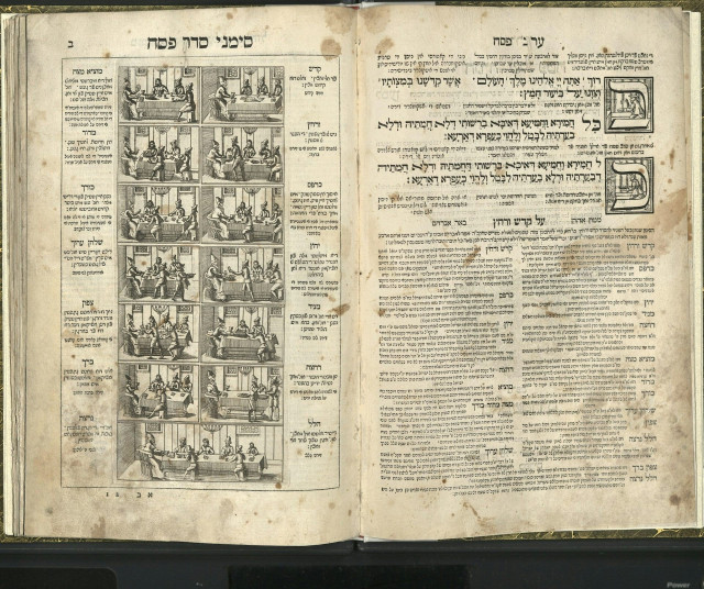 A yellowed book page with lots of detailed illustrations in back ink, and text in Hebrew.