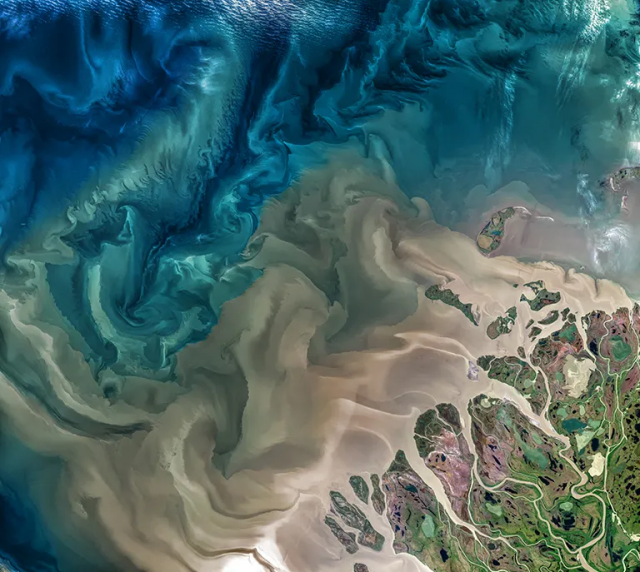 The Mackenzie River meets the ocean in northern Canada.

Source: Landsat/USGS/NASA Earth Observatory