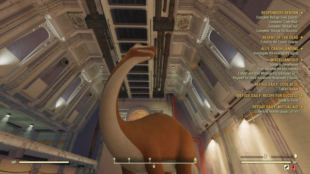 Screenshot from Fallout 76 showing a giant dinosaur inside of a vault