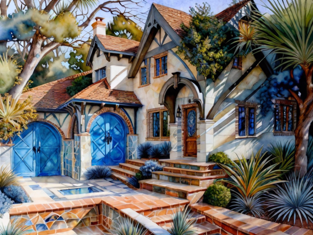 Storybook house with sky blue doors, surrounded by desert plants with bright sunlight casting complex shadows over brick steps and a small decorative pool.
