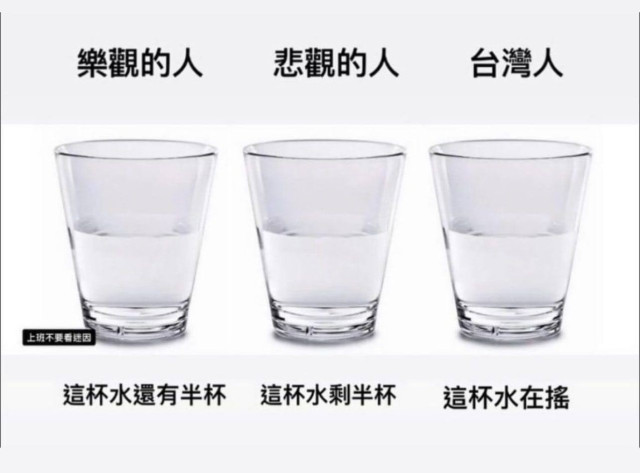 This image shows a sequence of three clear glass cups arranged in a row against a white background. Each glass is partially filled with water. Above each glass, there is text in Chinese, and below, there is a longer sentence also in Chinese. From left to right, the text above the glasses translates to "optimist," "pessimist," and "Taiwanese." The text below the glasses can be translated as "the glass is half full,"  "the glass is half empty," and "the water in the glass is shaking." 