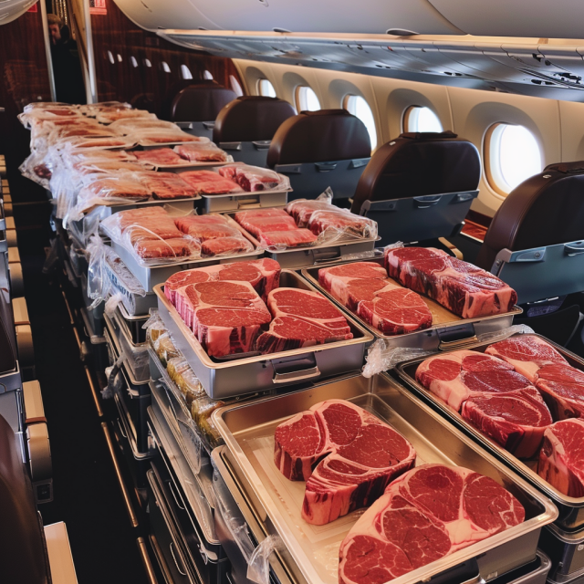 The interior of an airplane that has been filled with a large quantity of raw, packaged steaks. The steaks are arranged in metal catering trays, which are stacked along the aisles, occupying the spaces usually reserved for passenger's legs. Each piece of meat is individually wrapped in plastic, and the rich marbling suggests high-quality cuts. The airplane's overhead compartments are closed, and the scene is absent of passengers or flight crew. It's an unusual sight as commercial airliners are typically not used for transporting raw meat in such a manner, indicating that this could be a special transport situation or a creatively staged photograph.