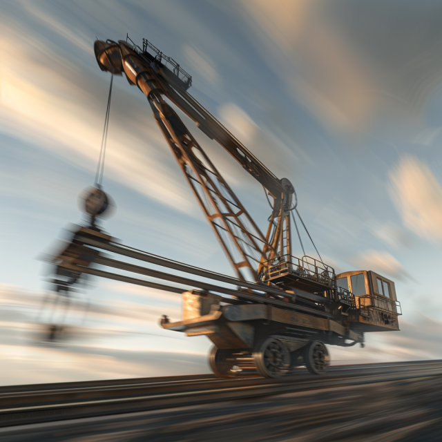 A large industrial crane, typically used in construction or for loading heavy materials. The crane is shown in motion with a dynamic, motion-blur effect that conveys high speed, which is unusual for such heavy machinery. The crane is set against a backdrop of a streaked sky, implying either an early sunrise or a late sunset with soft lighting. The crane itself appears to be riding on tracks, suggesting it may be located in a rail yard or a similar industrial environment. The combination of motion blur and the crane's sharp detail creates a sense of urgency or rapid movement.