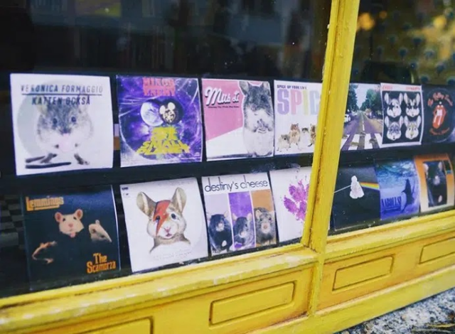 Teeny mouse-themed versions of well-known album covers adorn the windows.