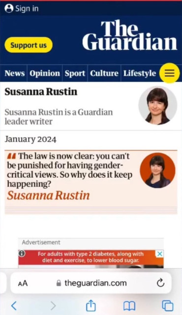 Screenshot of the bio of a journalist from The Guardian website. The journalist is Susanna Rustin, Guardian leader writer. Her top article is from January 2024 and is titled "The law is now clear: you can't be punished for having gender-critical views. So why does it keep happening?"