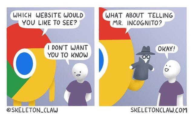 A Chrome logo and person standing next to each other. 

Frame one: Chrome says “Whoch website would you like to see?”

Person says “i don’t want you to know”

Frame two: “what about telling mr incognito?”

Person says “okay!” With a smile on their face.