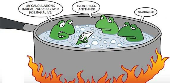 Flog story. Three frogs boiling in a pan on a lit stove:

First frog: MY CALCULATIONS INDICATE WE'RE SLOWLY BOILING ALIVE!

Second frog: I DON'T FEEL ANYTHING!

Third frog: ALARMIST!