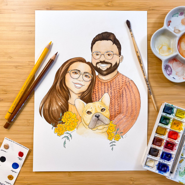 A photo of a watercolor portrait of two beautiful people with a cute French bulldog in between them. Surrounded by marigolds.