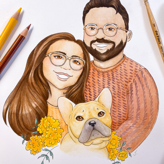 A closeup photo of a watercolor portrait of two beautiful people with a cute French bulldog in between them. Surrounded by marigolds.
