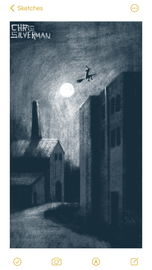 A desolate street winds through an abandoned town at night. The road looks bumpy and uneven, and curves among abandoned apartment blocks and a factory with a tall smoke stack. It is mostly dark; the scene is illuminated only by a full moon. The sky looks partly cloudy. In the sky, directly to the right of the moon and a little above it, is a witch on a broomstick.