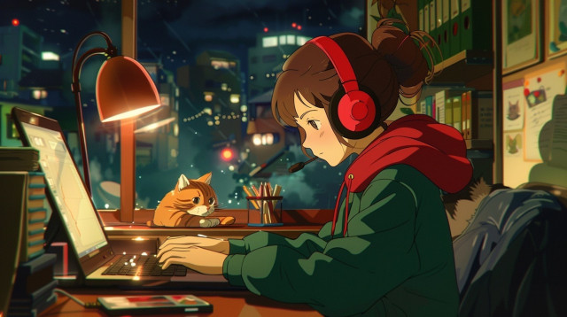 A vibrant illustration of a young woman at her desk, deeply engrossed in her work on a laptop. She’s wearing headphones with a microphone and a warm, red scarf draped over her green jacket, suggesting a chilly environment. Beside her is an attentive orange tabby cat, watching as she types. The desk is well-organized with stationery, and there’s a desk lamp that casts a warm glow, enhancing the cozy atmosphere. Outside the window behind her, a cityscape at night is visible, with buildings illuminated and a string of fairy lights adding a whimsical touch. This scene is reminiscent of the popular “lofi girl” aesthetic, often associated with relaxed focus and study-friendly environments.