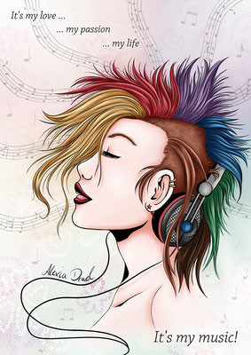 Digitalart
Eine Frau mit bunten Haaren und Kopfhörern. Musik und Kunst miteinander vereint, denn beides inspiriert sich gegenseitig.