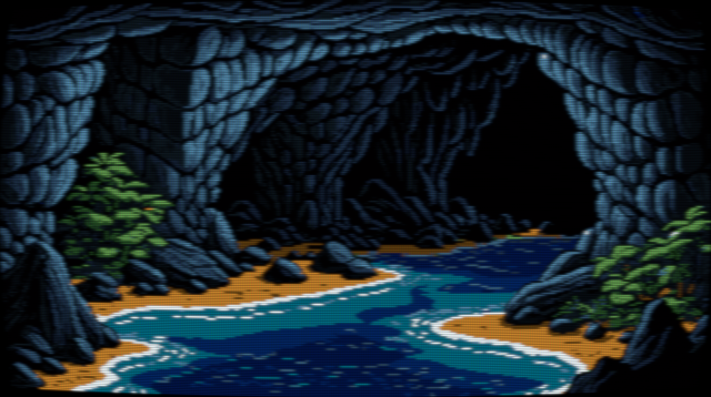 Pixel art of an epoch's canvas, where the river's murmur becomes a symphony in the hallowed halls of limestone. In this sanctuary of stone, water carves its history with liquid fingers, shaping the cavern's ancient face. With each drop and ripple, a story unfolds, a narrative of eons encapsulated in the cool, humid air. The river, a serpentine artist, weaves through the cave's embrace, its course an ever-changing dance guided by the whims of time. Here, perspectives twist and warp, reality reshaped. Colours bleed and blend, hues captured in the perpetual twilight of subterranean seclusion. The cave's rugged walls rise and undulate like the chest of a slumbering giant, each breath a subtle shift in the grand design. Reflections shimmer upon the water's surface, a fragmented mirror of this otherworldly realm. Within this cryptic domain, the echoes of ancient whispers reverberate, telling tales of the hidden depths where light seldom treads. The image has a CRT filter applied.