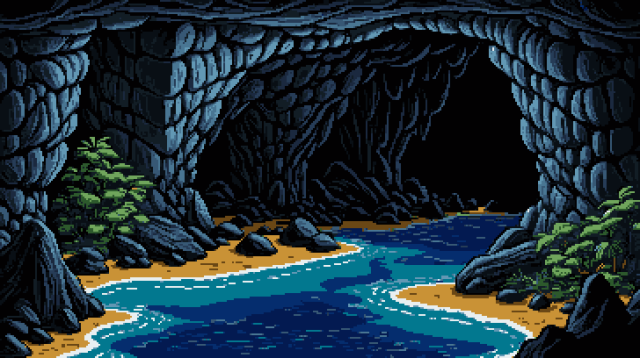 Pixel art of an epoch's canvas, where the river's murmur becomes a symphony in the hallowed halls of limestone. In this sanctuary of stone, water carves its history with liquid fingers, shaping the cavern's ancient face. With each drop and ripple, a story unfolds, a narrative of eons encapsulated in the cool, humid air. The river, a serpentine artist, weaves through the cave's embrace, its course an ever-changing dance guided by the whims of time. Here, perspectives twist and warp, reality reshaped. Colours bleed and blend, hues captured in the perpetual twilight of subterranean seclusion. The cave's rugged walls rise and undulate like the chest of a slumbering giant, each breath a subtle shift in the grand design. Reflections shimmer upon the water's surface, a fragmented mirror of this otherworldly realm. Within this cryptic domain, the echoes of ancient whispers reverberate, telling tales of the hidden depths where light seldom treads. 