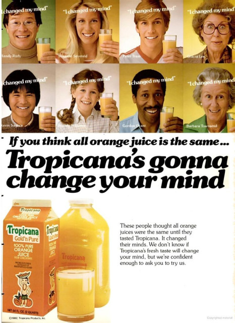 The top of the add features 8 smiling people holding glasses of oj. The bottom is a picture of the product. 