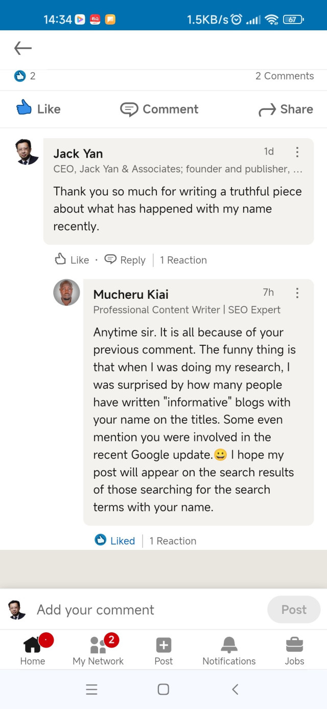 An SEO practitioner called Mucheru Kai who wrote an honest piece about what happened to me in the hope it would rank on Linkedin and counter the misinformation from the last four months. 