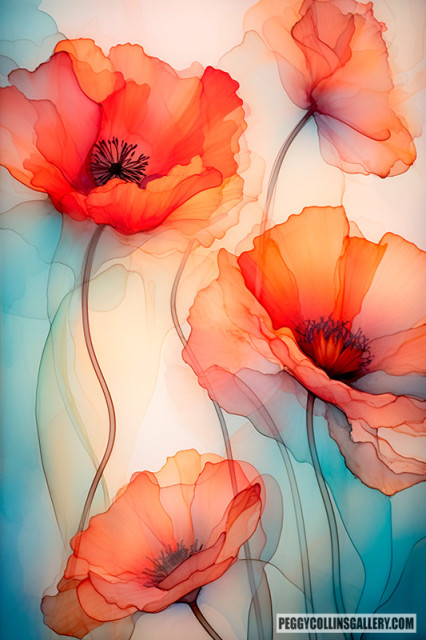 Colorful artwork of poppies appearing to dance in the breeze, by artist Peggy Collins.