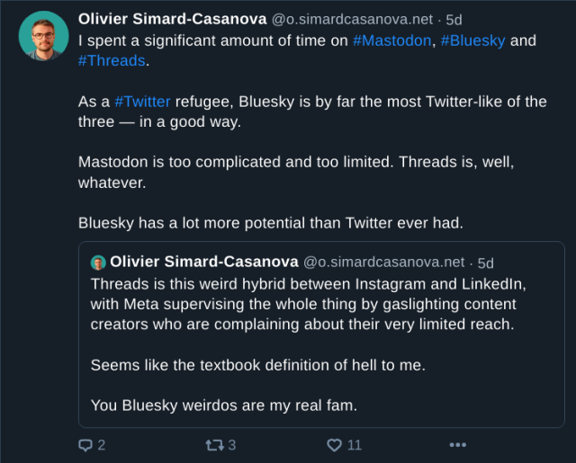 A screenshot of a Twitter post discussing the user's experience with the social networks Mastodon and Bluesky. The post references various aspects of these platforms in comparison with Twitter.