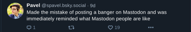 Profile image of a person with text from a social media post discussing their experience on Mastodon.