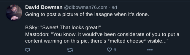 A screenshot of a tweet by David Bowman with a thumbnail of a person in the corner. The tweet is humorous and discusses posting a picture of lasagna, followed by two comments that mimic social networks' responses to the content.