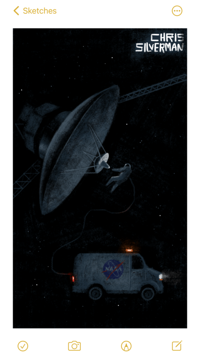 The Voyager I spacecraft in deep space. The craft has a giant radio dish. Dimly visible behind it are some radio masts and panels. Floating below it is a small gray maintenance van with an orange flashing light on top and the NASA logo on the side. Floating in front of the dish, evidently making some repairs, is an astronaut tethered to the van. Behind is a black sky filled with stars.