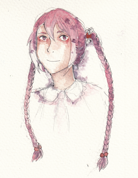 A watercolour portrait of Sakura Miku with her hair in two little braids