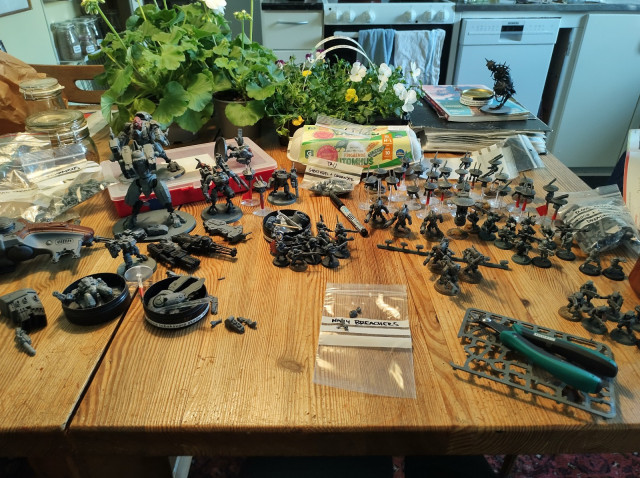 A kitchen table with a lot of plastic models on it. In the background are some planters with flowers in them. There are tools and books on the table.