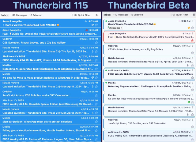 Comparison of two Thunderbird email client interfaces, one labeled Thunderbird 115 and the other Thunderbird Beta, both showing an inbox with a list of highlighted/selected emails.