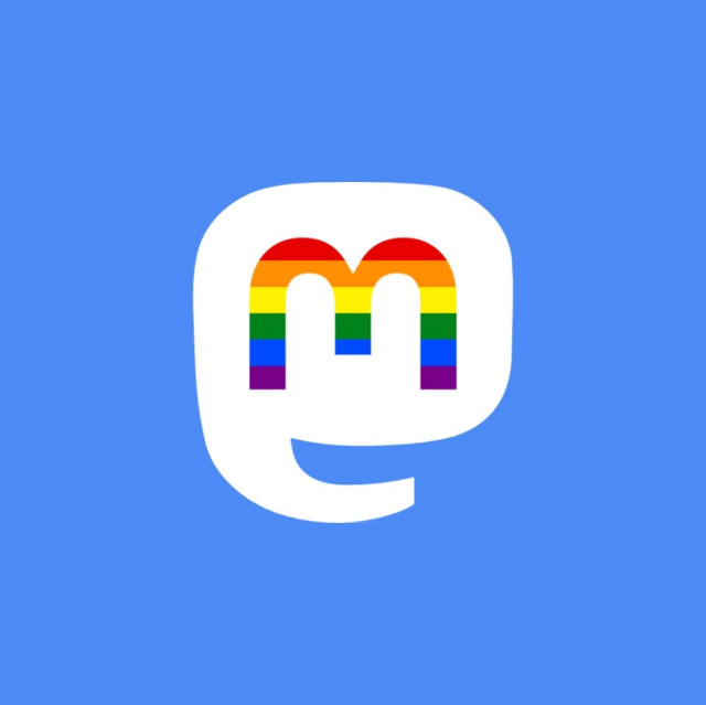 The Mastodon logo, but customized with a rainbow flag.