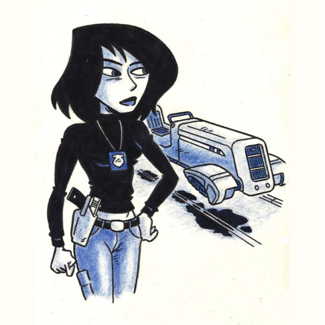 Woman with long black hair wearing a black polo neck shirt and jeans. She has a police shield on a lanyard around her neck. On her right hip, attached to her belt is an automatic pistol in a holster. Behind her to her left is a one seater flying car.