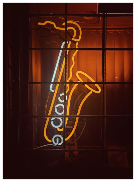 Fenster eines Ladens für Musikinstrumente. Im Fenster hängt eine Leuchtreklame in Form eines Saxophons, vor der Scheibe ist ein Metallgitter.
