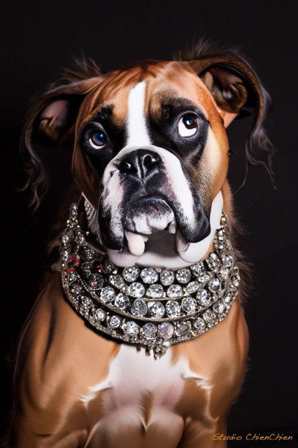 Photo of a doubtful looking Rottweiler wearing an opulent diamond necklace around his neck. It is a dog photo that has been processed with Ki effects