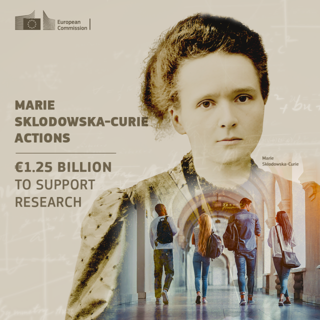An artistic sepia-toned portrait of Marie Sklodowska-Curie. Overlay text reads: "Marie Sklodowska-Curie Actions, €1.25 billion to support research.