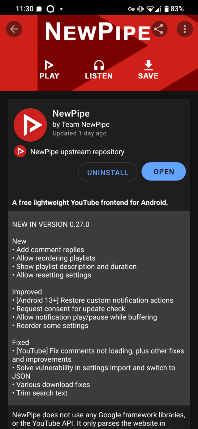 Screenshot of NewPipe in F-droid, with changelog for the new version 0.27.0