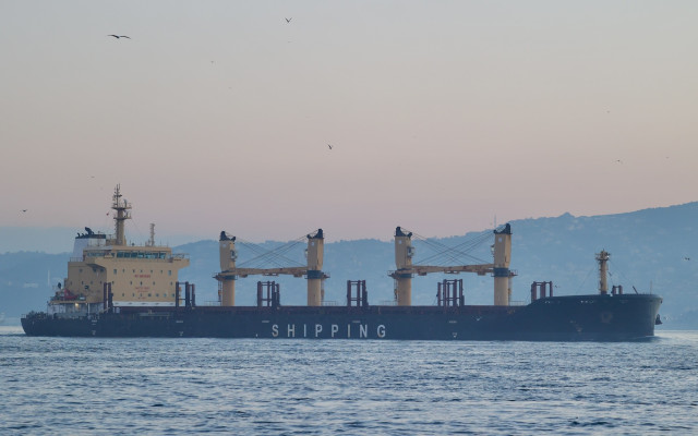 The Zafar in the Bosphorus on January 17, 2024. On the side of the Zafar’s hull the word ‘shipping’ is visible. Photo: Yörük Işık
