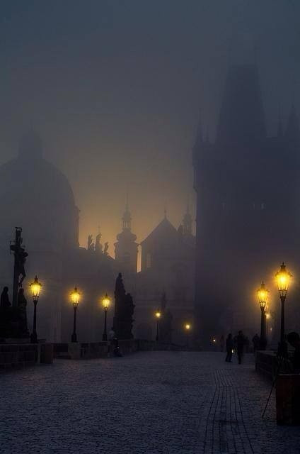 In the early dawn of a foggy morning, you find yourself on a medieval stone bridge over the river that divides the two districts of a Central European capital. Dawn, just a glow, shows in silhouette a nearby domed building and other buildings with spires. 19th century street lamps and statues line the bridge on both sides. 