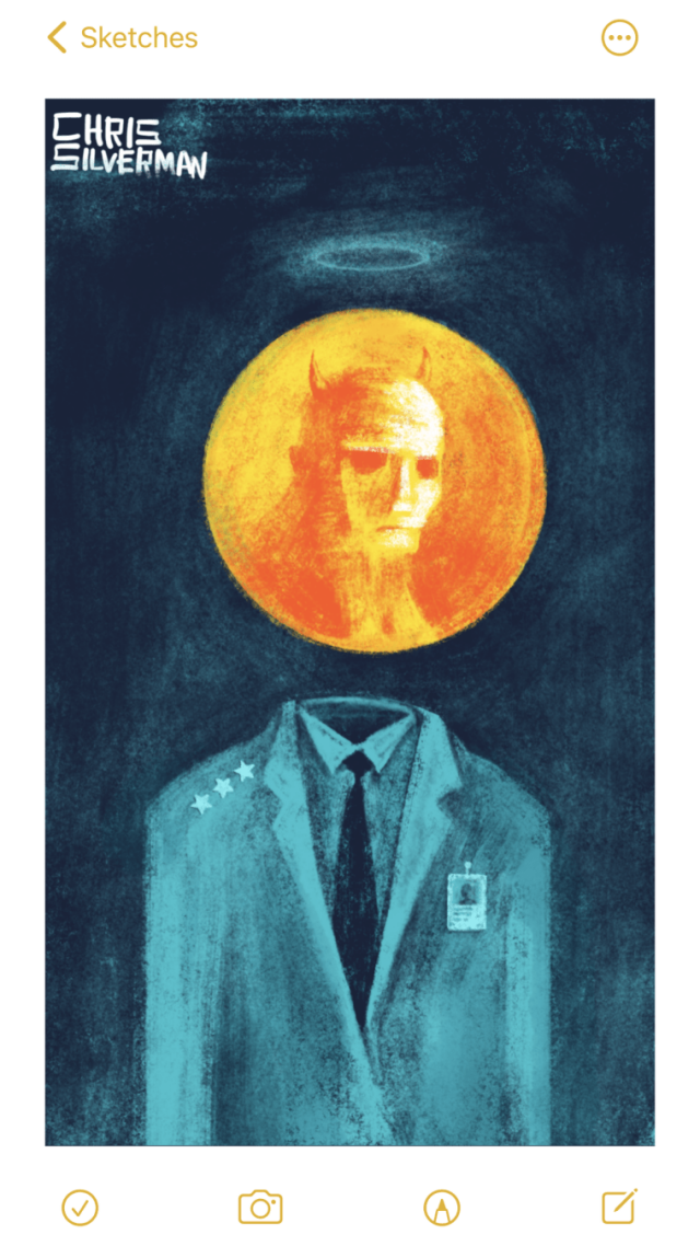 A ghostly blue-green figure standing against a dark background. The figure is wearing a suit jacket and black tie, with an ID badge on its left breast and three stars on its right shoulder. The figure does not have a head. Floating above its empty neck is a round, blazing orange object that looks like a coin. The head on the coin is gaunt, with staring, empty eyes and two horns. Floating above the coin is a pale blue halo.