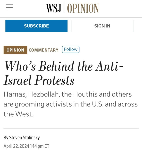 WSJ opinion piece: “Who’s behind the anti-Israel protests?”