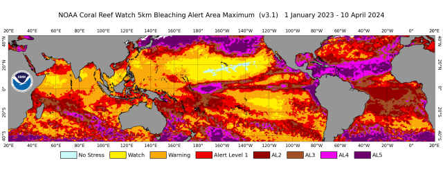 global map - NOAA Coral Reef Watch 5km Bleaching Alert Area Maximum, 01/01/23 --> 04/10/24