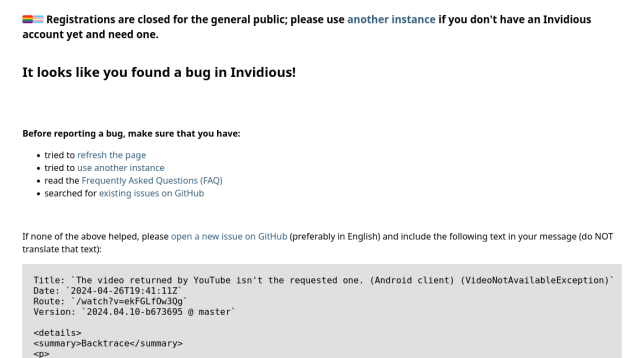 An Invidious error page caused because the video "could not have been found" (though we all know that is bullshit)