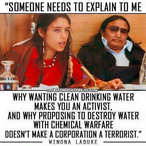 "SOMEONE NEEDS TO EXPLAIN TO ME 

is written above the image of a young Winona LaDuke, dressed in modern Ojibwe adornment with an elder sitting next to her (this seems to be late 70s, early eights by the sunglasses he is wearing). underneath the quote continues: 
 
WHY WANTING CLEAN DRINKING WATER 
MAKES YOU AN ACTIVIST, 
AND WHY PROPOSING TO DESTROY WATER 
WITH CHEMICAL WARFARE 
DOESN'T MAKE A CORPORATION A TERRORIST."

WINONA LADUKE

(the image has a small logo for the The Free Thought Project website)