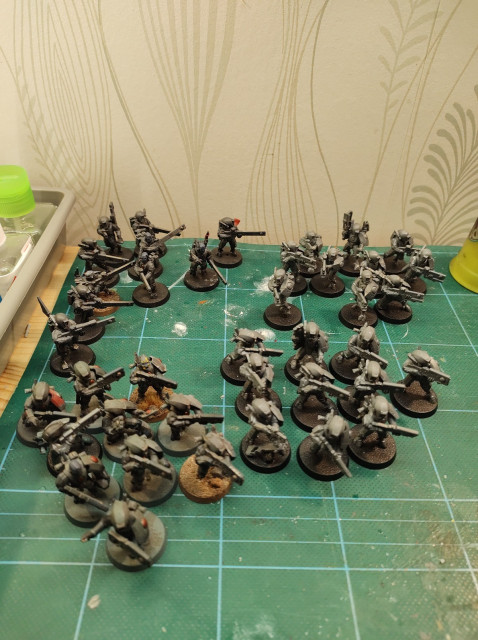 40 Fire Warrior miniatures, 20 of which have no paint on them because I just finished assembling them. 