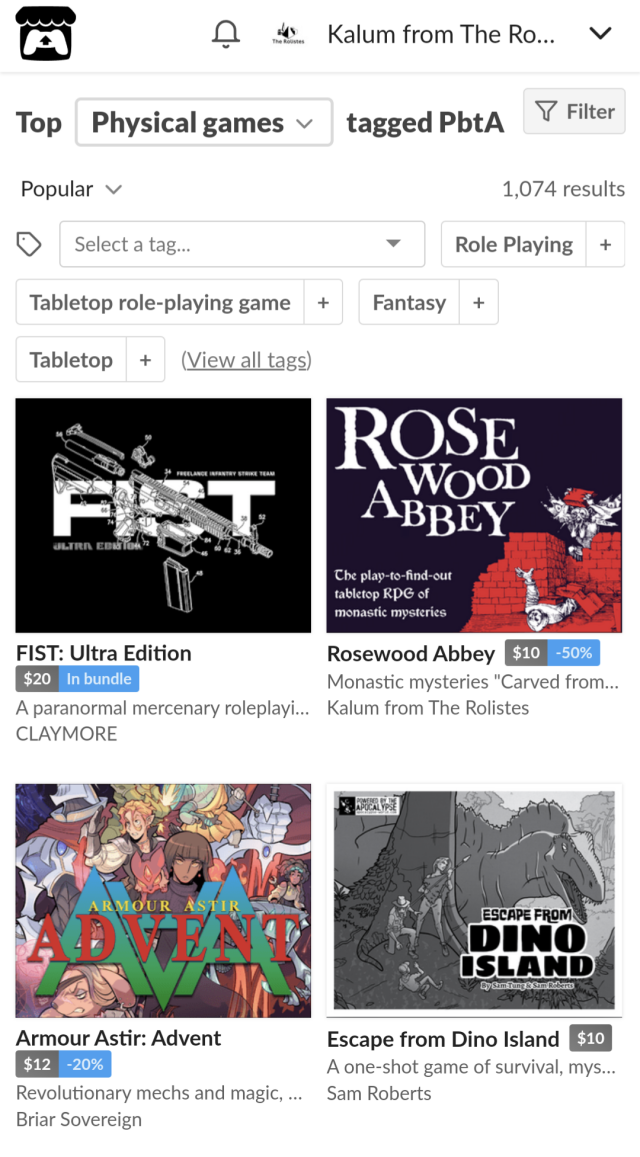 Screenshot from the Itchio page showing the most popular Physical Games tagged as PbtA. The top four titles are:
1) Fist: Ultra Edition
2) Rosewood Abbey
3) Armour Astir: Advent
4) Escape from Dino Island 