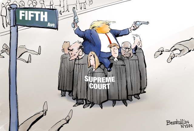 Political cartoon by Bill Bramhall where the supreme court is protecting trump as he's shooting people on fifth avenue