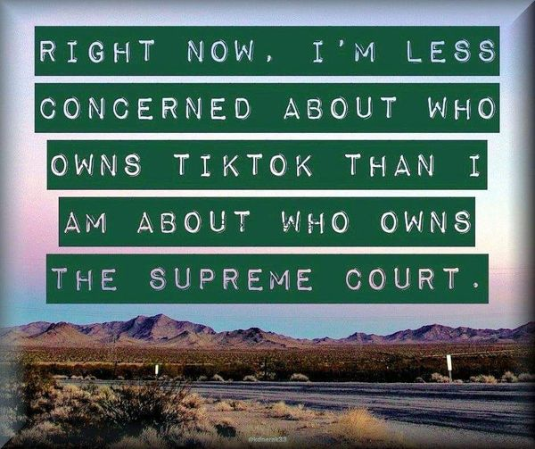 "RIGHT NOW, I'M LESS CONCERNED ABOUT WHO
OWNS #TIKTOK THAN I АM
ABOUT WHO OWNS THE
SUPREME COURT"

Landscape pic, possibly in the #MidWest(?).