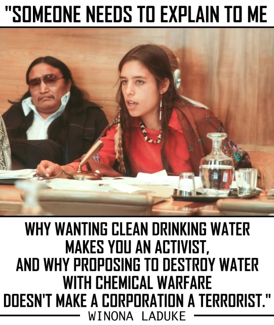 "SOMEONE NEEDS TO EXPLAIN TO ME 

is written above the image of a young Winona LaDuke, dressed in modern Ojibwe adornment with an elder sitting next to her (this seems to be late 70s, early eights by the sunglasses he is wearing). underneath the quote continues: 
 
WHY WANTING CLEAN DRINKING WATER 
MAKES YOU AN ACTIVIST, 
AND WHY PROPOSING TO DESTROY WATER 
WITH CHEMICAL WARFARE 
DOESN'T MAKE A CORPORATION A TERRORIST."

WINONA LADUKE