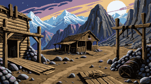 Pixel art of a desolate western expanse stretches beneath a brooding sky, where an abandoned town's skeleton whispers of prosperity's swift flight. Eerie silence blankets the scene, as the unexplored mine's maw looms, a darkened void swathed in the ghostly lace of cobwebs. Rusted tools lie abandoned, scattered like fallen soldiers on a battlefield long forgotten, their purpose lost to the whims of time. The sun, a distant lantern in the sky, casts its fading glow upon weathered beams - once the framework of industrious days, now mere relics standing sentinel over memories and dust. Here, the mountains rise as jagged sentinels, their rocky faces etched with the lines of a thousand storms, standing guard over the vast open spaces that cradle the remnants of human endeavour. The air is thick with the scent of tales untold, the ground littered with the shadows of a bygone era. The sky itself seems to weigh heavy with omens.  